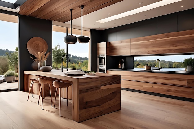 Interior de cozinha moderna com paredes de madeira e chão de madeira