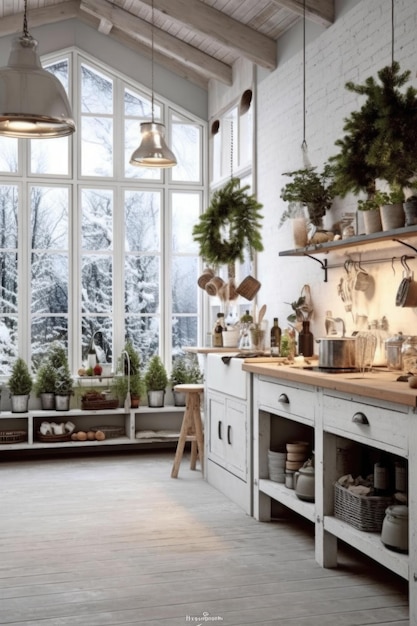 Interior de cozinha moderna decorada para o Natal AI Gerado