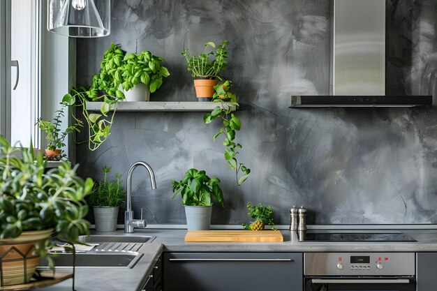 Interior de cozinha moderna em concreto cinza com plantas de estufa