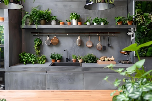 Interior de cozinha moderna em concreto cinza com plantas de estufa