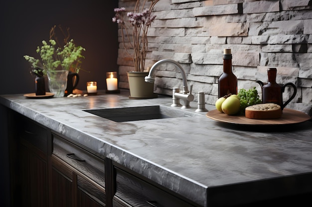 Interior de cozinha moderna encaixe elegante de mármore e pedra