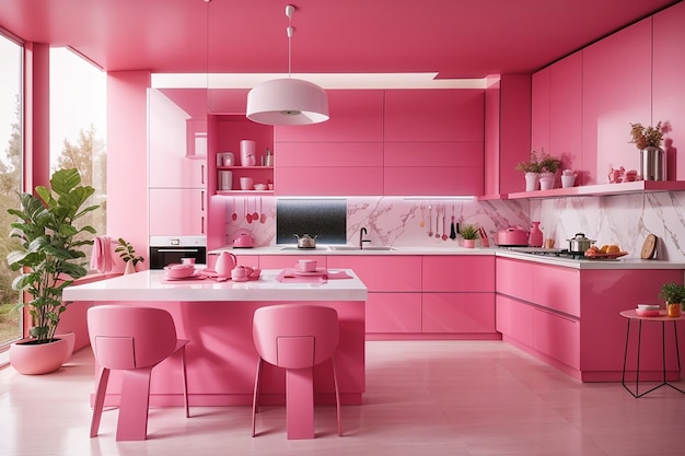 Foto interior de cozinha moderna rosa