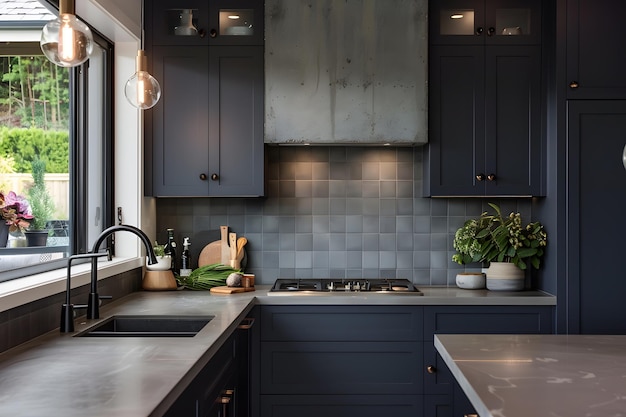 Interior de cozinha moderno em cores azul escuro marinho e elementos de concreto