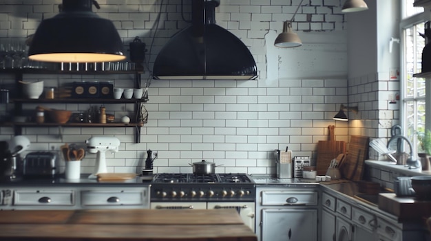 Interior de cozinha rústica moderna com eletrodomésticos e telhas brancas de metrô