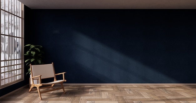 Interior de design de quarto de cor azul com papel de porta e parede de prateleira de armário em tatame piso de estilo japonês. Renderização 3D