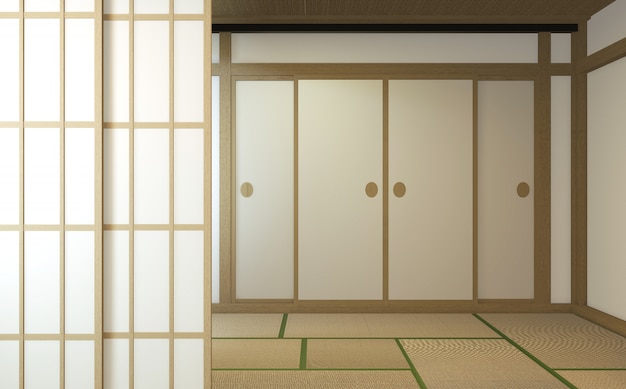 Interior de design de quarto Nihon com papel de porta e parede de prateleira do armário em tatami estilo japonês de quarto de chão. Renderização em 3D