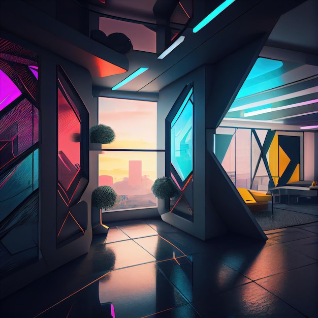 Foto interior de design futurista com paredes envidraçadas e mudança de cores como no futuro scifi criado com g