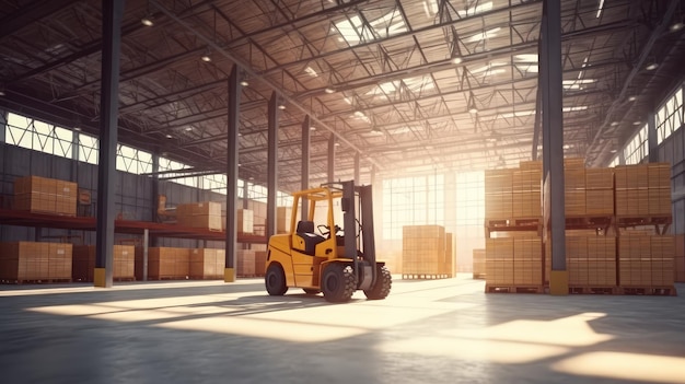 Interior de edifício industrial de armazém com pessoas e empilhadeiras manuseando mercadorias na área de armazenamento