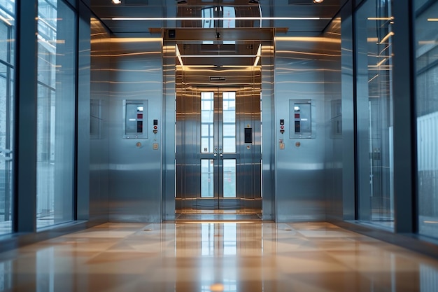 Interior de elevador moderno com portas abertas no hall de um edifício de escritórios contemporâneo