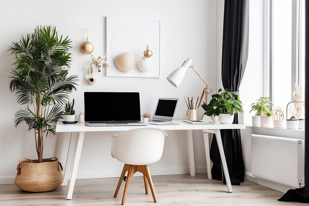 Interior de escritório branco com laptop e decorações