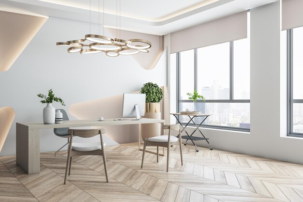 Interior de escritório contemporâneo com equipamento de mesa de piso de madeira e renderização em 3d de vista da cidade