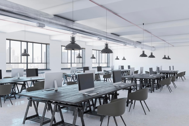 Interior de escritório de coworking branco de luxo com janela de móveis com vista para a cidade e renderização em 3D à luz do dia