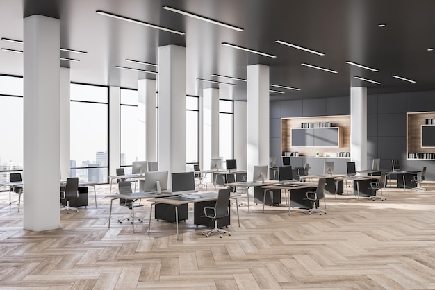 Interior de escritório de coworking cinza moderno com piso de madeira luz do dia e vista da cidade Conceito de interiores de negócios renderização em 3D