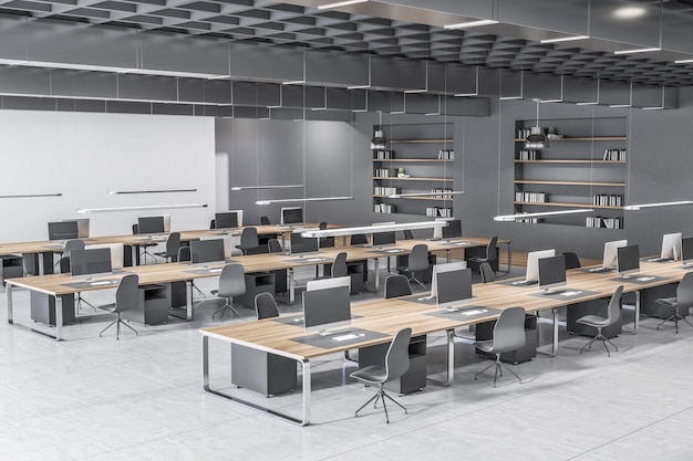 Interior de escritório de coworking de concreto minimalista com vários locais de trabalho e prateleiras de estante com livros e pastas Conceito comercial e de trabalho Renderização em 3D