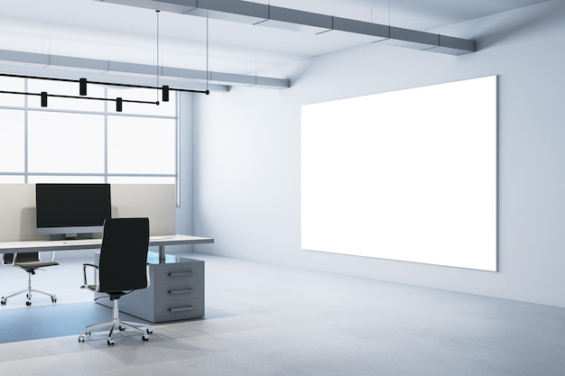 Interior de escritório de coworking de concreto moderno com banner branco em branco mock up em janelas panorâmicas de parede e móveis e equipamentos de luz do dia Renderização em 3D