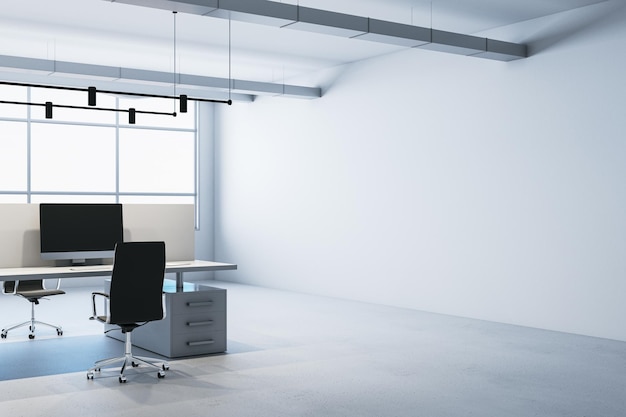 Interior de escritório de coworking de concreto moderno com lugar de simulação em branco nas janelas panorâmicas da parede e móveis e equipamentos de luz do dia Renderização em 3D