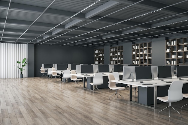 Interior de escritório de coworking de designer moderno com estante de móveis de piso de madeira e equipamento 3D Rendering