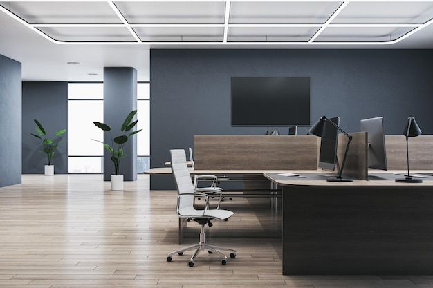 Interior de escritório de coworking de madeira contemporâneo com janela e vista para a cidade tela preta vazia plantas decorativas e móveis Renderização 3D