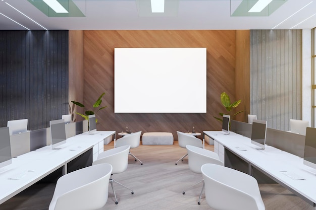 Interior de escritório de coworking moderno de madeira e concreto com banner e móveis brancos vazios Conceito de espaço de trabalho Renderização 3D
