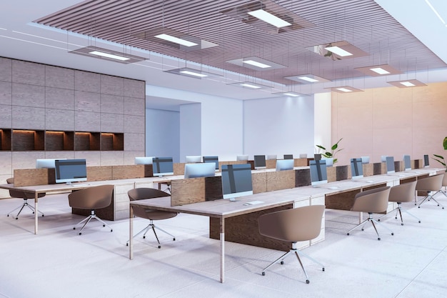 Interior de escritório de coworking moderno de madeira e concreto com móveis Conceito de espaço de trabalho Renderização 3D