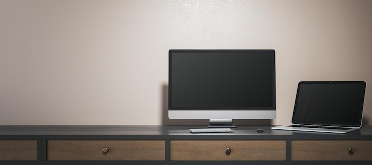 Foto interior de escritório de designer contemporâneo com monitores de computador e laptop em branco mock up 3d rendering