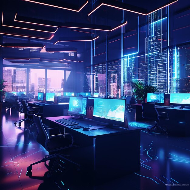 Foto interior de escritório de espaço aberto para cyberpunk