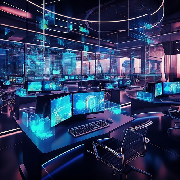 Foto interior de escritório de espaço aberto para cyberpunk