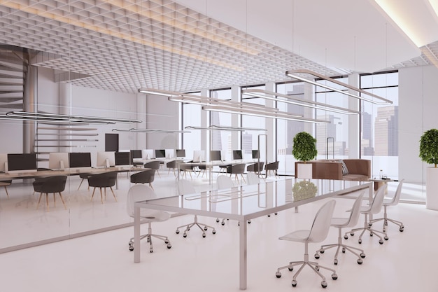 Interior de escritório de vidro de concreto branco minimalista com janela e vista da cidade coworking luz do dia e áreas de reunião plantas decorativas Design e conceito de estilo Renderização em 3D