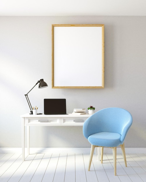Interior de escritório doméstico moderno com paredes brancas, piso de madeira branco, mesa de computador e pôster vertical emoldurado. simulação de renderização 3D