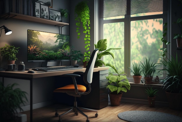 Interior de escritório em casa aconchegante com plantas de móveis e grandes janelas para deixar entrar luz natural generativa ai