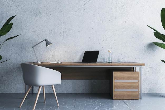 Interior de escritório em casa contemporâneo de madeira e concreto com plantas e móveis decorativos Conceito de local de trabalho Renderização 3D