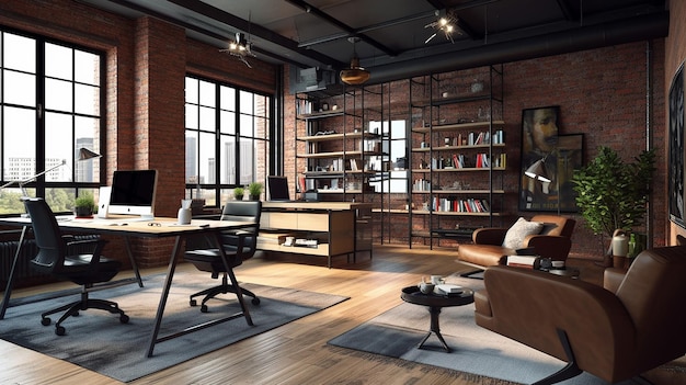 Interior de escritório loft moderno com móveis Generative AI