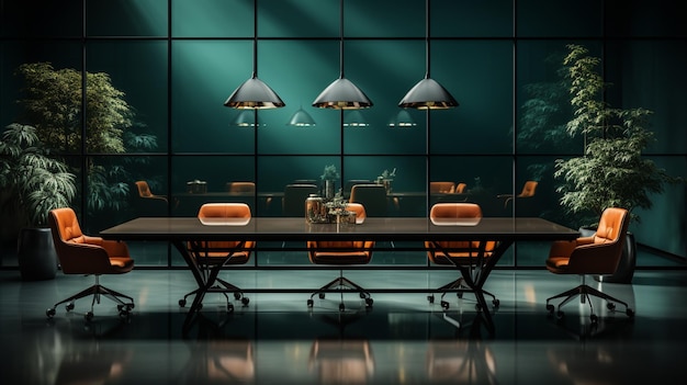 Foto interior de escritório moderno com cadeiras e mesas de madeira