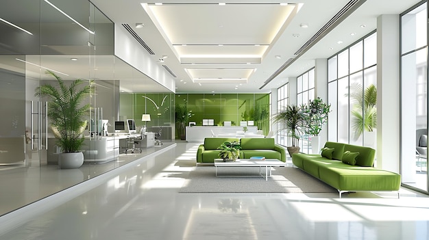 Interior de escritório moderno com cor verde-oliva e branca e vista da natureza da janela com espaço IA geradora