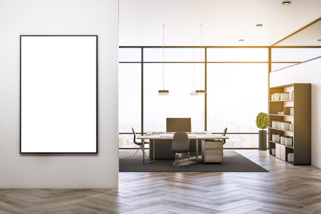 Foto interior de escritório moderno com equipamento vazio mock up cartaz mobília janela de luz solar com vista para a cidade e piso de madeira worplace e conceito de espaço de trabalho renderização em 3d