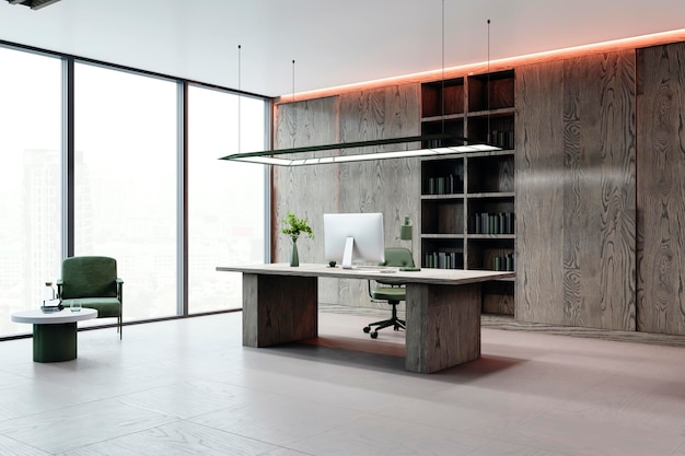 Interior de escritório moderno com mesa de madeira e computador contra parede de painéis de madeira e vista da cidade 3D Rendering