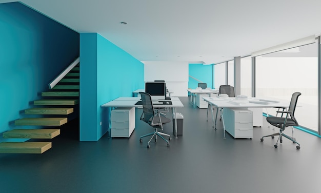 Interior de escritório moderno com paredes azuis e chão de concreto