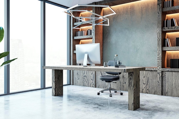 Interior de escritório moderno com um computador de mesa e estantes de livros contra um fundo cinzento conceito de um local de trabalho de luxo 3D Rendering