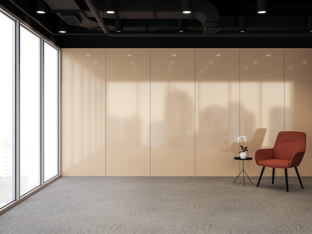 interior de escritório moderno com vista da cidade 3d render cinza chão acarpetado parede vazia laranja ouro brilhante