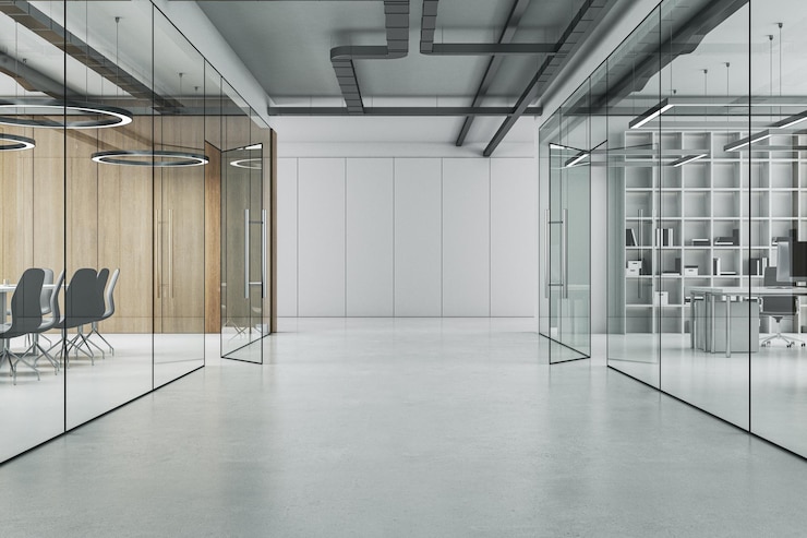 Foto interior de escritório moderno de vidro de madeira e concreto com luz do dia rendering 3d