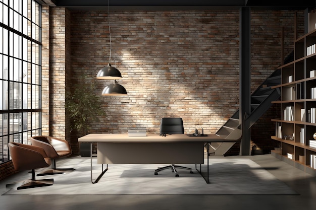 Interior de escritório moderno em estilo industrial de loft renderização 3D