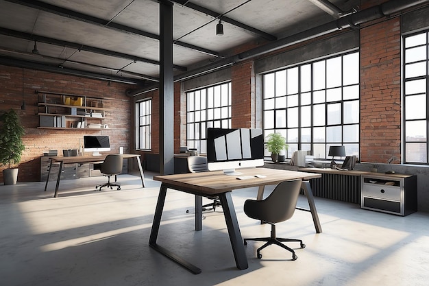 Interior de escritório moderno em estilo industrial loft render 3d