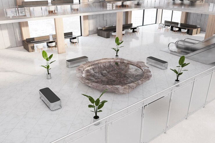 Foto interior de espaço aberto de dois andares de concreto contemporâneo com janelas panorâmicas e móveis de fonte decorativa estilo e conceito de design renderização em 3d