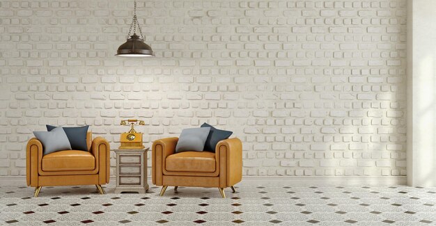 Interior de estilo vintage poltronas de couro bege com almofadas telefone analógico antigo na mesa lateral lâmpada de teto preto fundo de tijolo branco e piso de azulejos renderização 3d