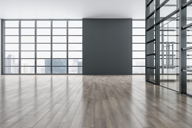 Interior de exposição brilhante com piso em parquet de madeira reflexões moldura de janela panorâmica e vista da cidade luz do dia e lugar simulado na galeria de parede e conceito de museu renderização 3D