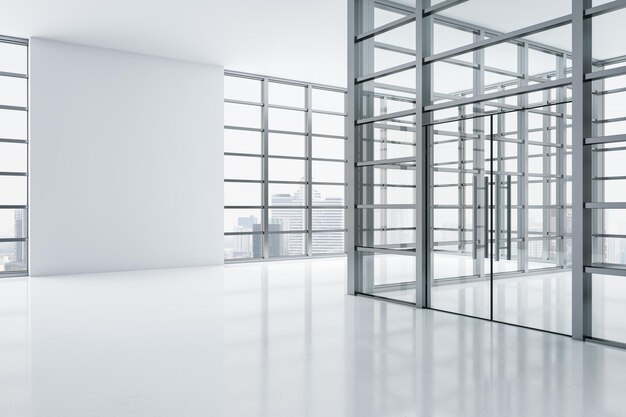 Interior de exposição simples com moldura de janela panorâmica e luz do dia vista da cidade e lugar branco simulado na parede Galeria e conceito de museu Renderização em 3D
