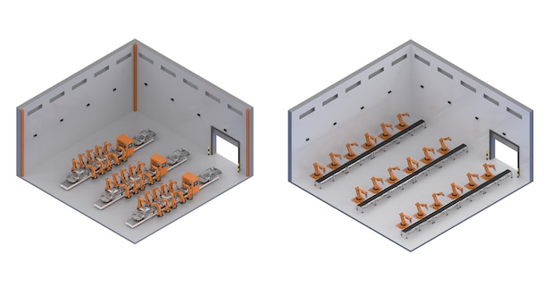 Interior de fábrica de renderização 3D com linha de montagem de robô isométrica