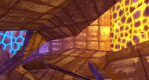 Interior de ficção científica futurista de concreto abstrato com ilustração 3D de tubos de néon brilhantes rosa e azul