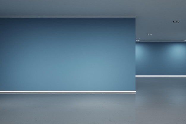 Interior de galeria azul vazio com mock up lugar na parede e reflexos no chão Arte sem pessoas museu e conceito de exposição 3D Rendering