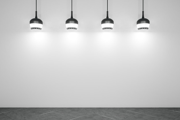 Interior de galeria de concreto branco com lâmpadas